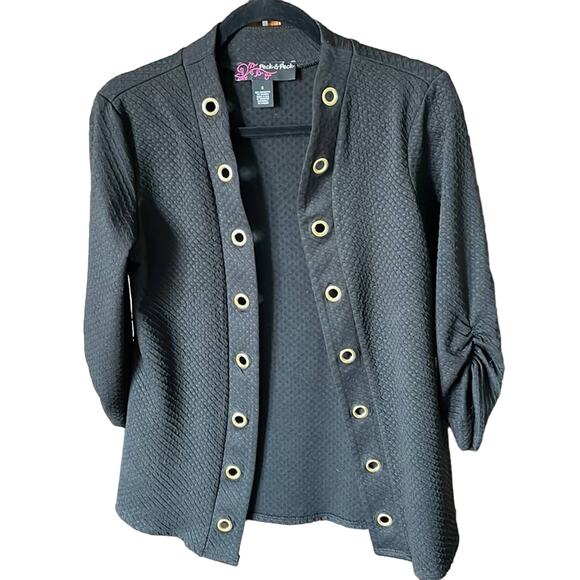 Peck & Peck Black Grommet Waffle design textured Jacket with Ruched Sleeves S - Picture 3 of 10